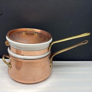 Bain Marie Copper White Ceramic Double Boiler Sauce Pan & Copper Lid